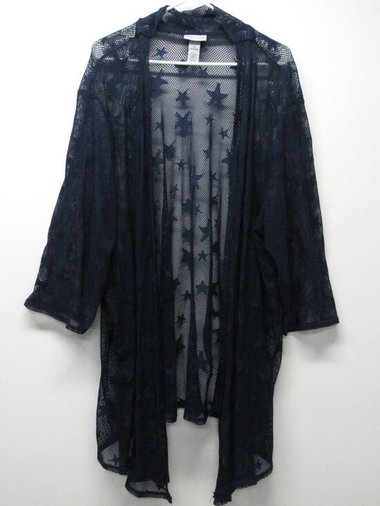 Catherines Sweaters - Catherines Blue Fishnet Sheer Star Cardigan Topper Open Front Plus sz 5X 34/36W
